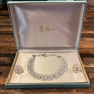Lisner Vintage Silver Pearl Necklace and Earring Set